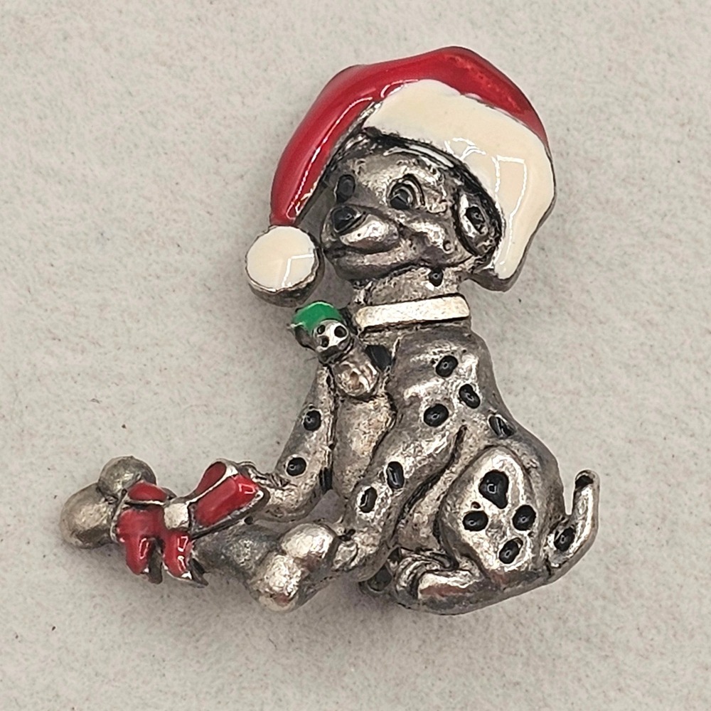 Vintage Christmas Brooch Dog Dalmatian Puppy Pin Santa Hat Holiday Enamel
